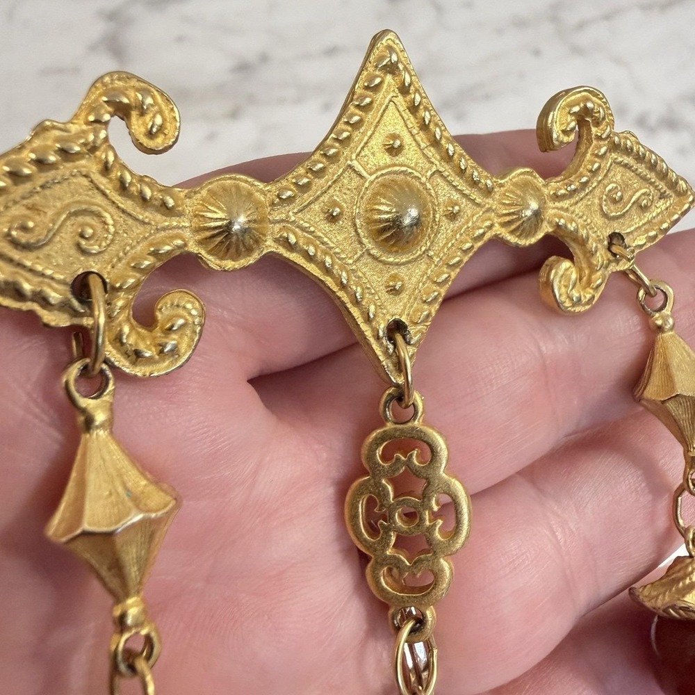 Vintage HUGE Matte Gold Etruscan Style Dangle Acrylic Bead Brooch Renaissance - Picture 2 of 6